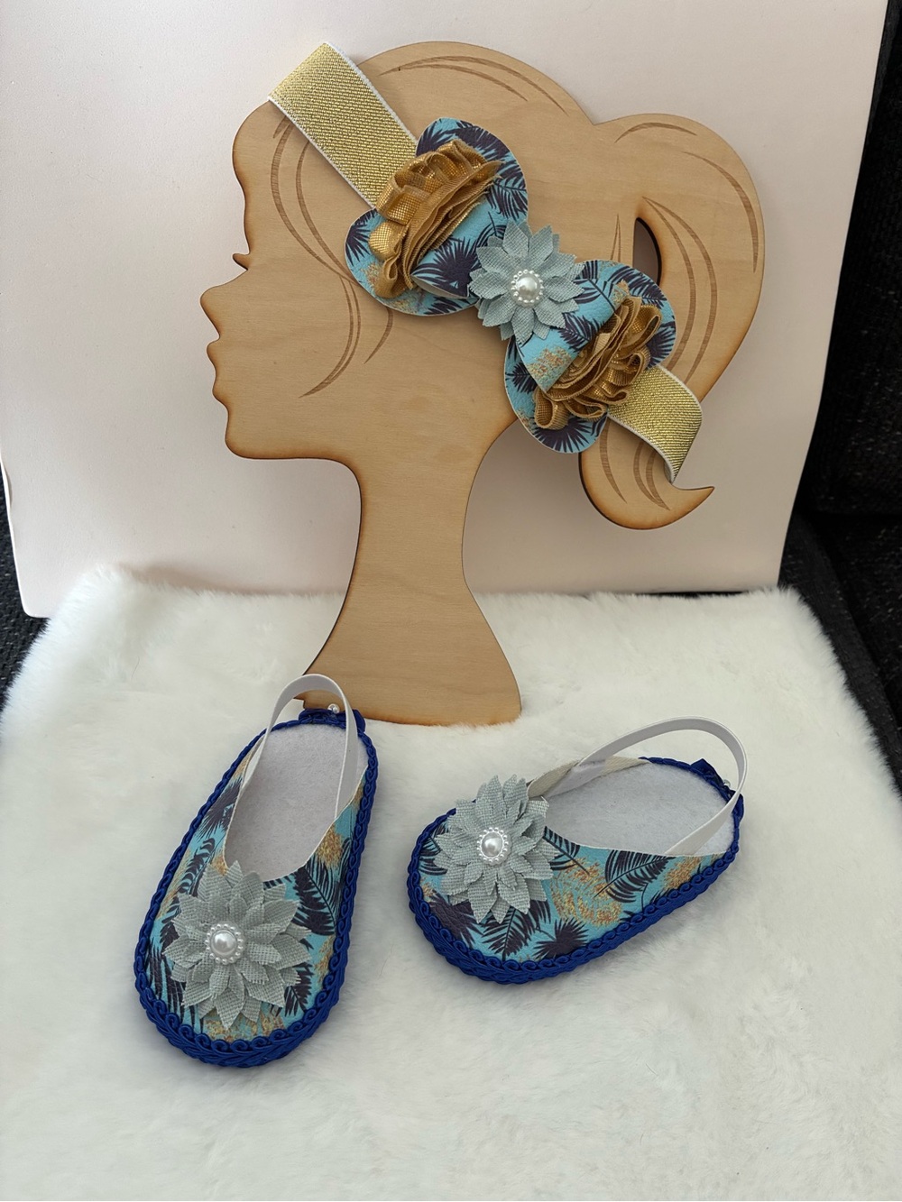 NATURAL LIFE Blue Floral Baby Shoes with Gold Accents and Headband